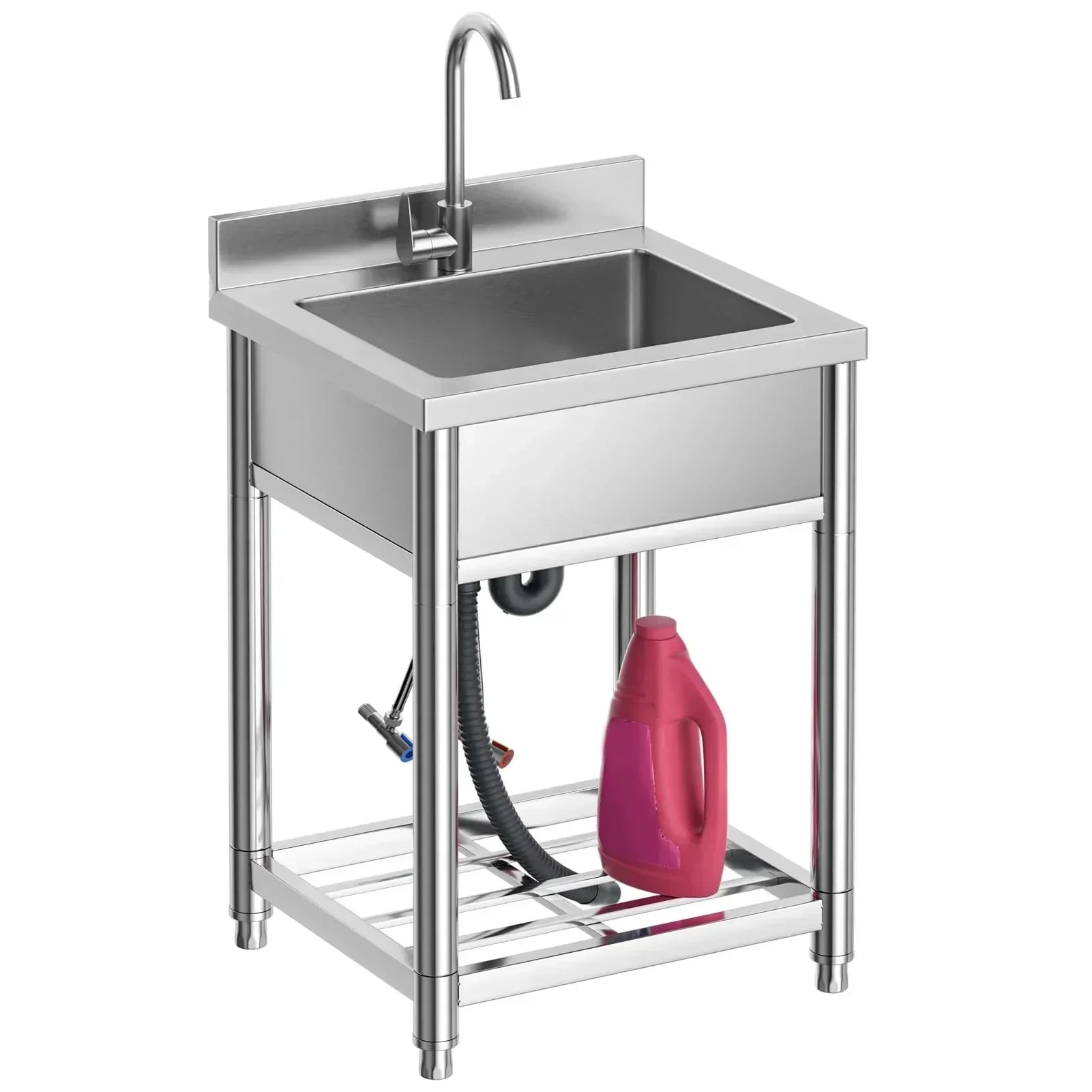 Stainless Steel Utility Sink Free Standing Single Bowl Kitchen Sink Cold Hot Water Faucet wourant
