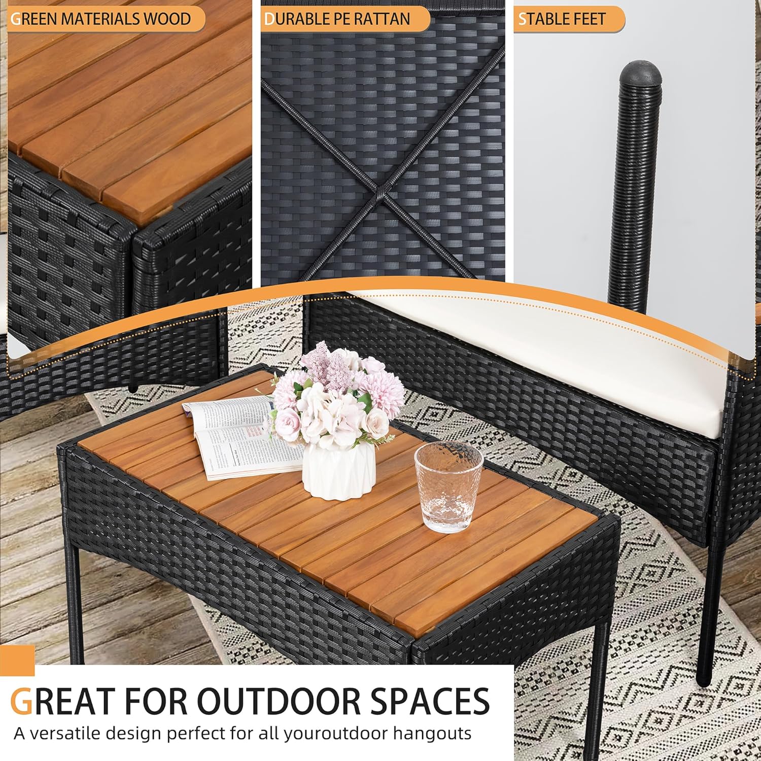 Shintenchi 4-Piece Patio Furniture Set Outdoor Wicker Patio Conversation Furniture Set with Cushions wourant
