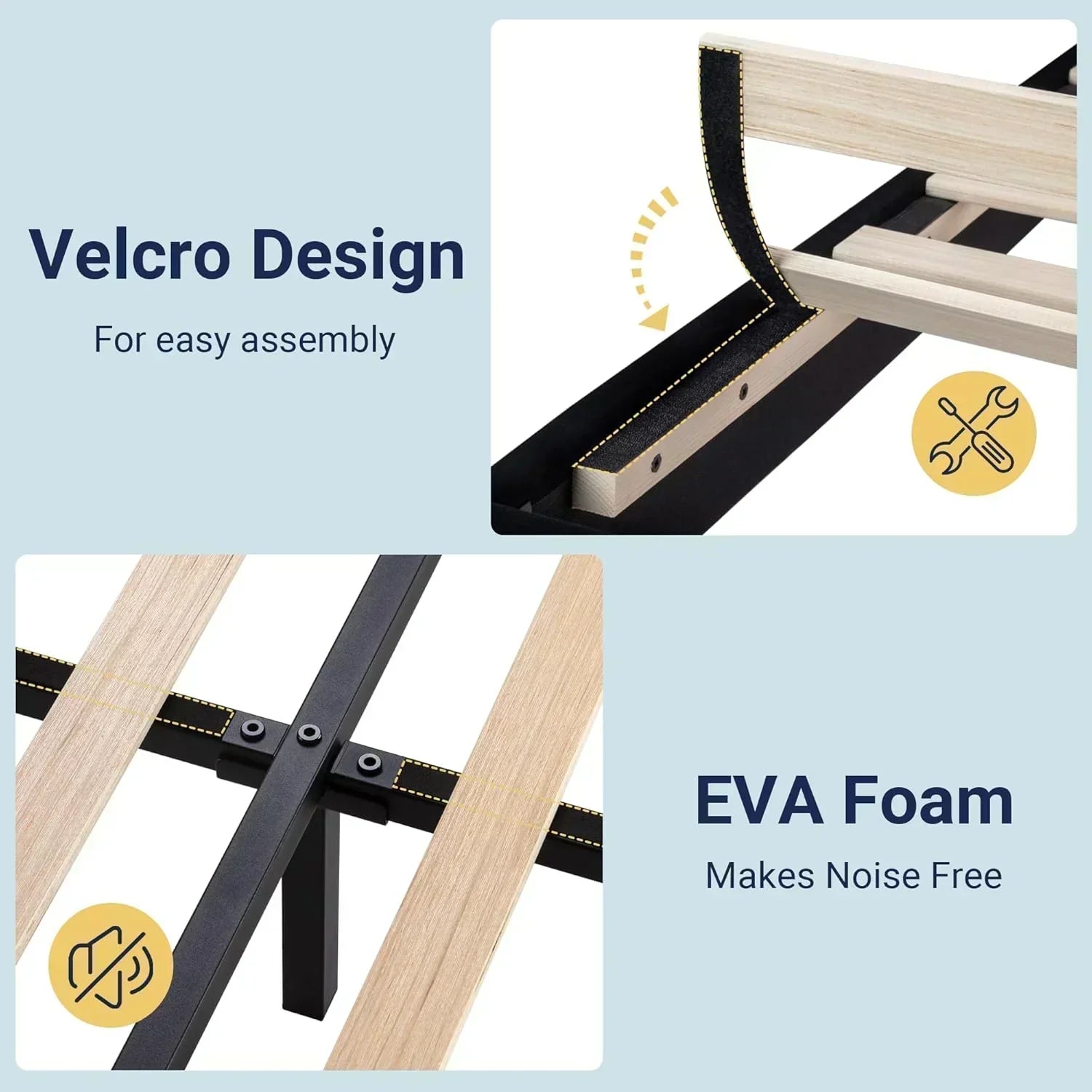 Allewie King size platform bed frame with velvet upholstered headboard and planks wourant