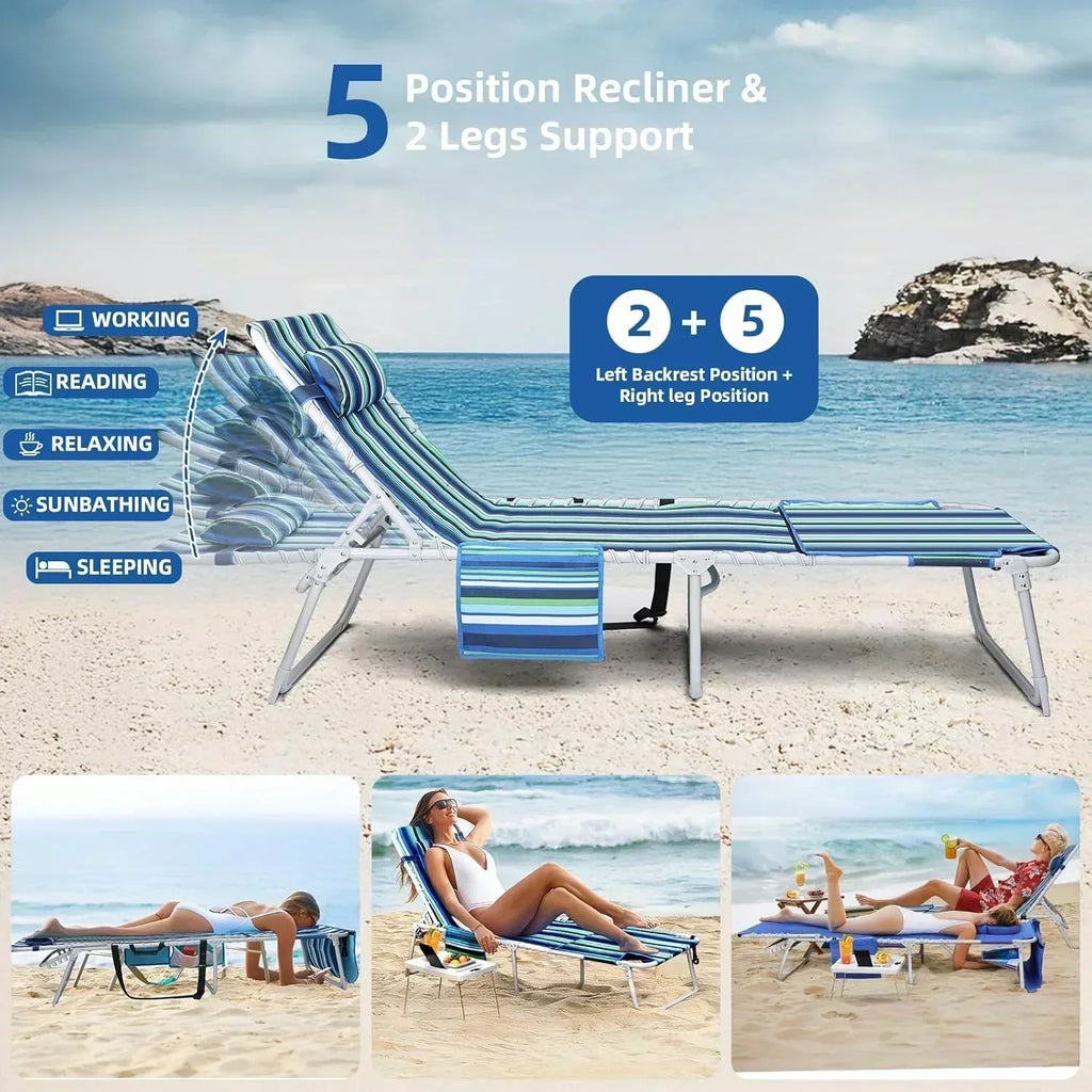 3-in-1 Beach Chair Face Holes Lounge Chair Outdoor with Folding Side Table 5-Position Recliner wourant