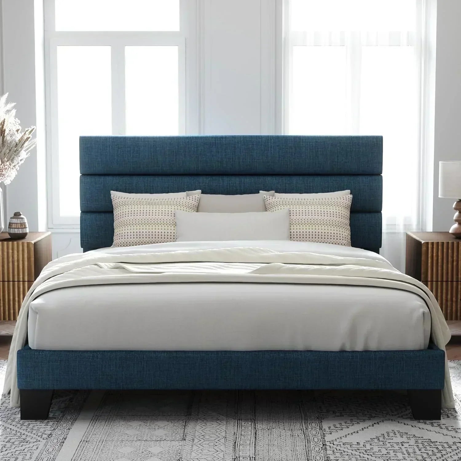 Allewie Queen Size Platform Bed Frame with Fabric Upholstered Headboard Wooden Slats Support wourant