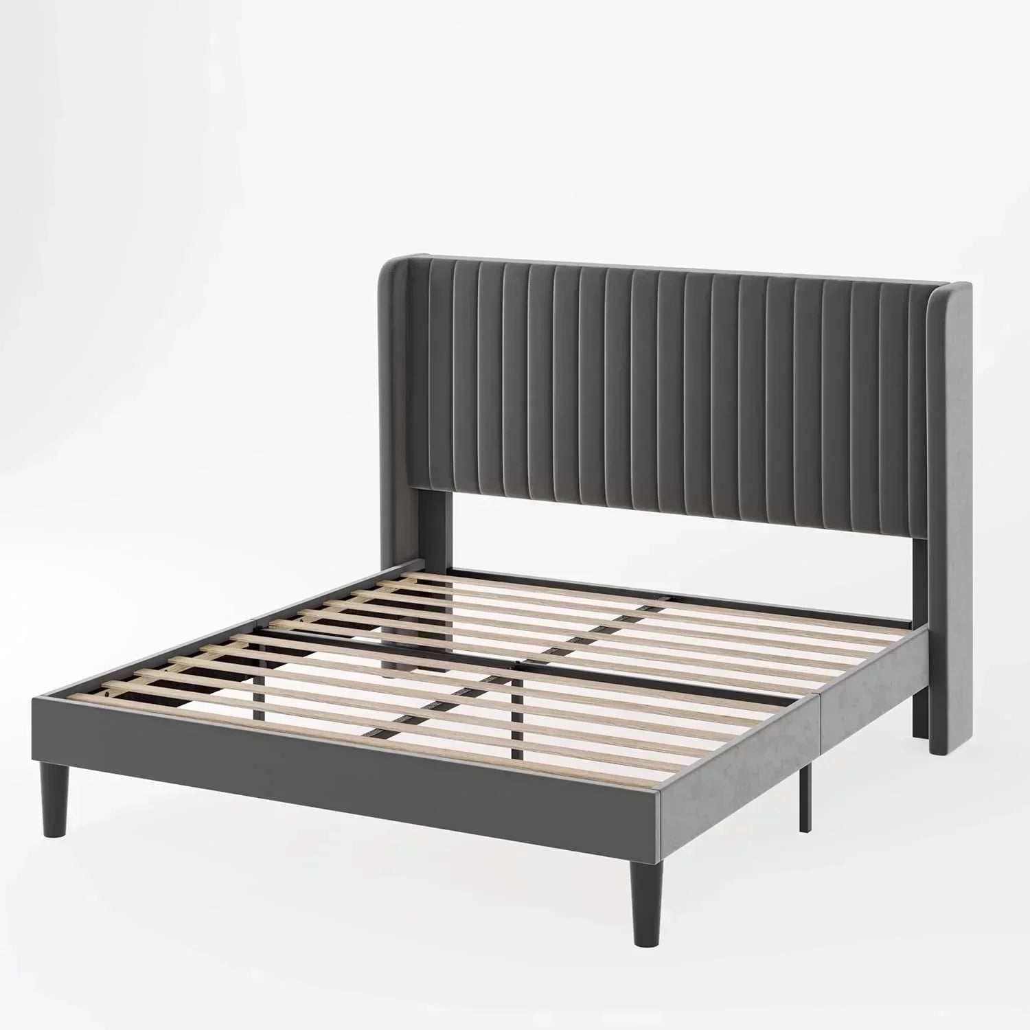 Allewie Full Size Velvet Bed Frame Vertical Channel Tufted Wingback Headboard Upholstered Bed wourant