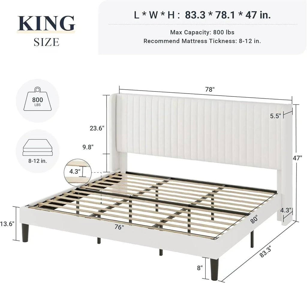 Allewie Full Size Velvet Bed Frame Vertical Channel Tufted Wingback Headboard Upholstered Bed wourant