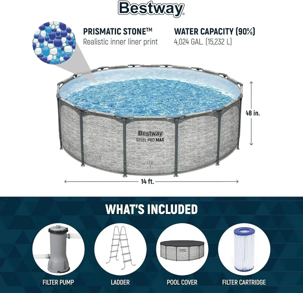 Steel Pro MAX 14 Foot x 48 Inch Round Metal Frame Above Ground Outdoor Swimming Pool Set wourant