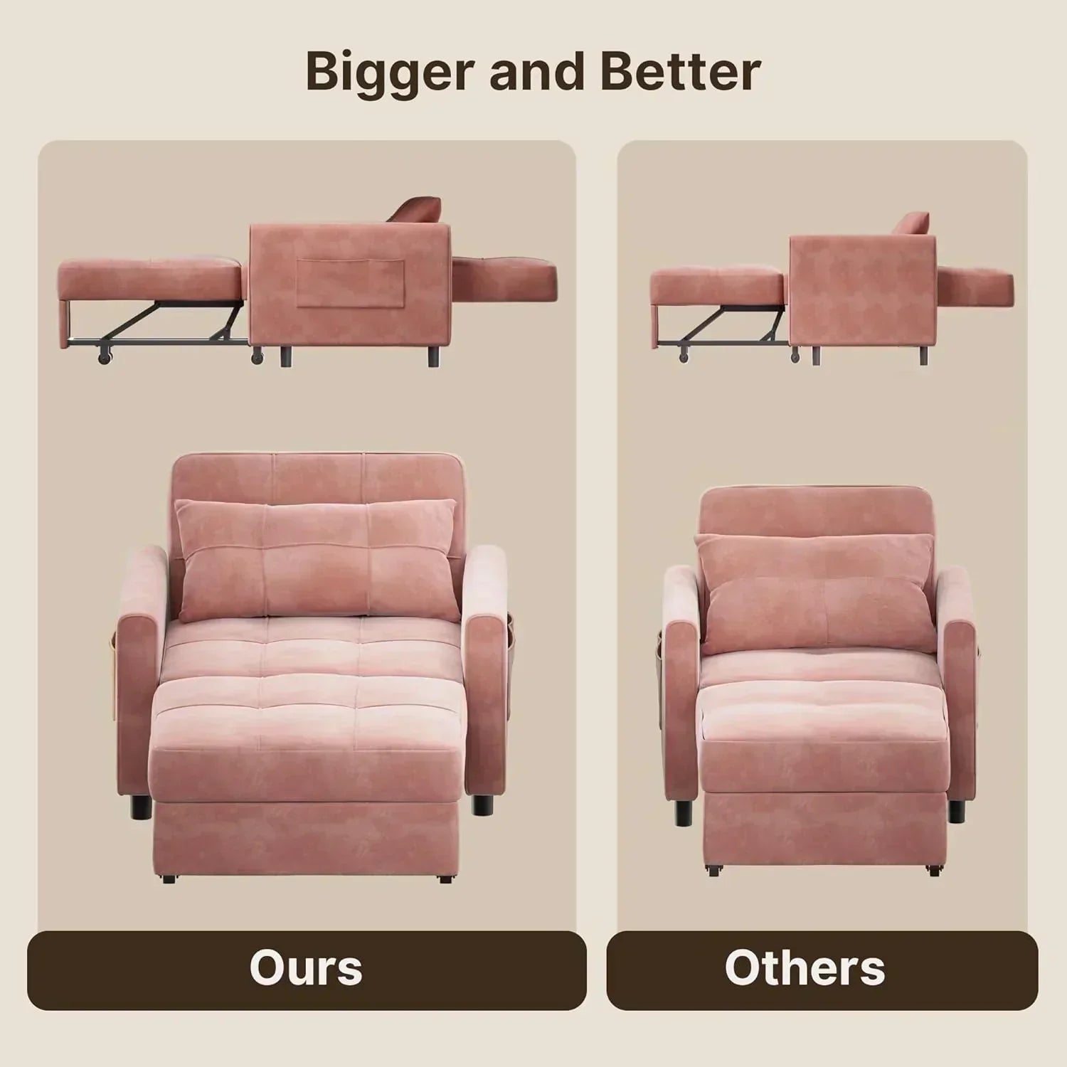 Sofa Bed Chair 3 in 1 Convertible Pullout Single Sleeper Chair Bed Spacious Multifunctional Sofa wourant