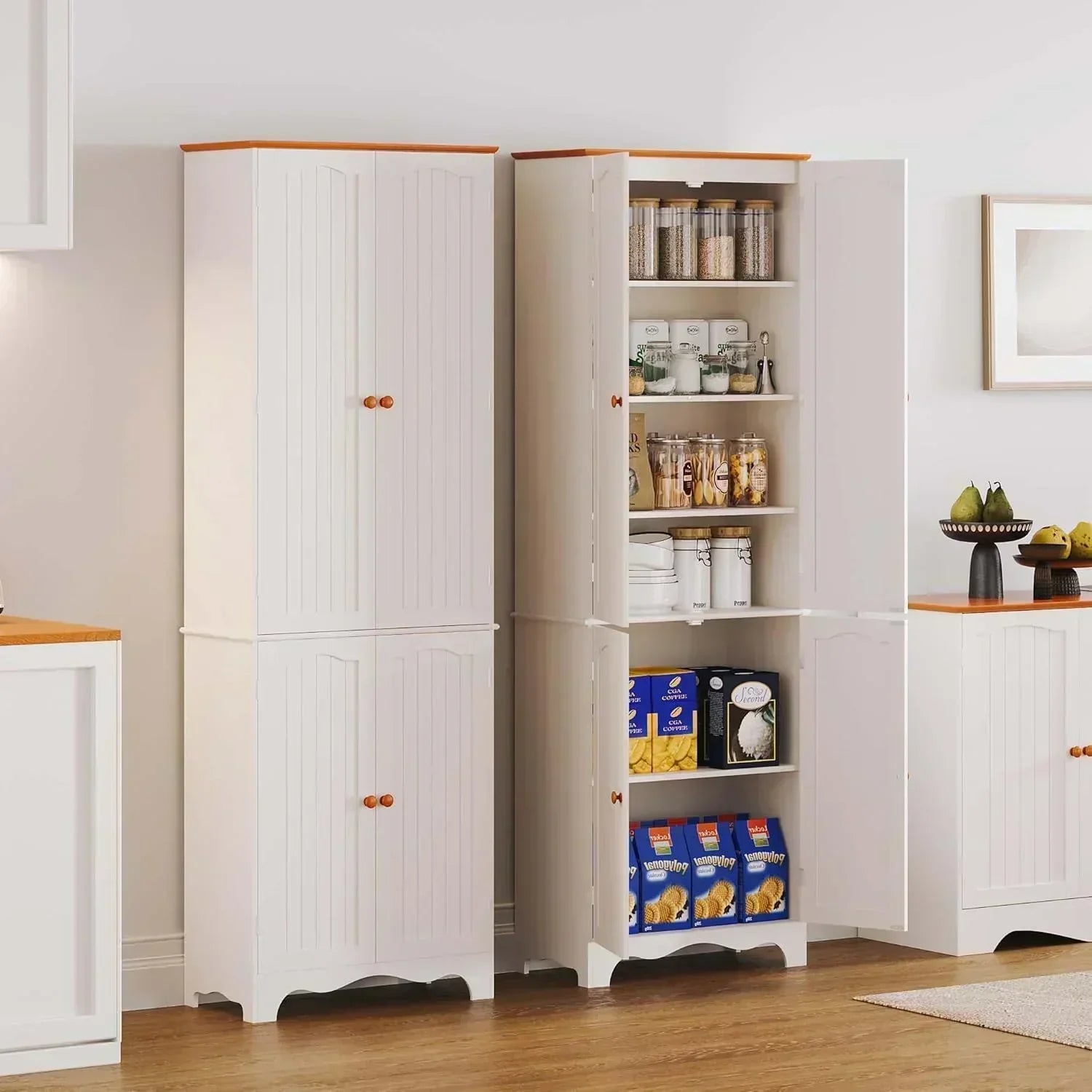 Tall Pantry Cabinet Freestanding Storage Cabinet Wooden Kitchen Pantry with 4 Doors wourant