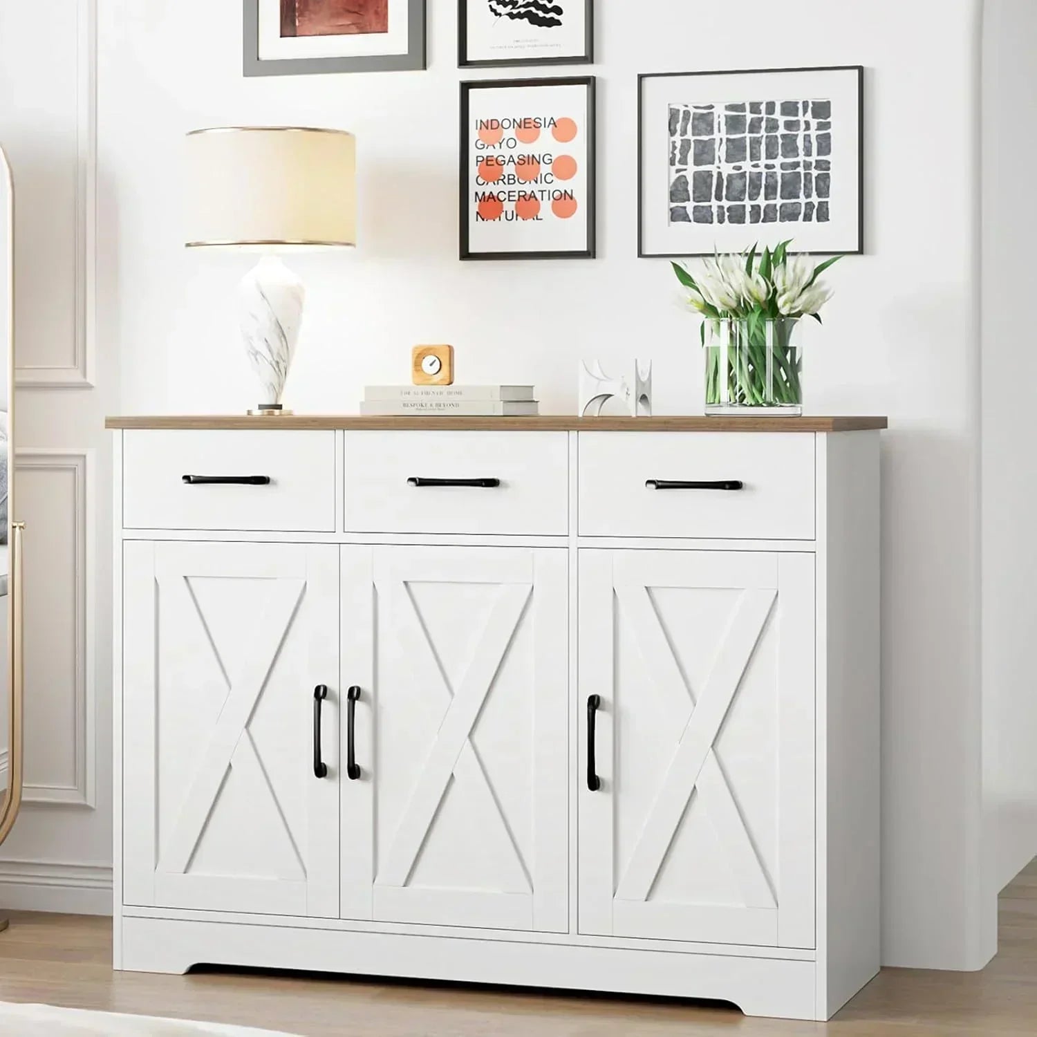 Modern farmhouse sideboard barn door buffet storage cabinet with drawers and shelves wourant