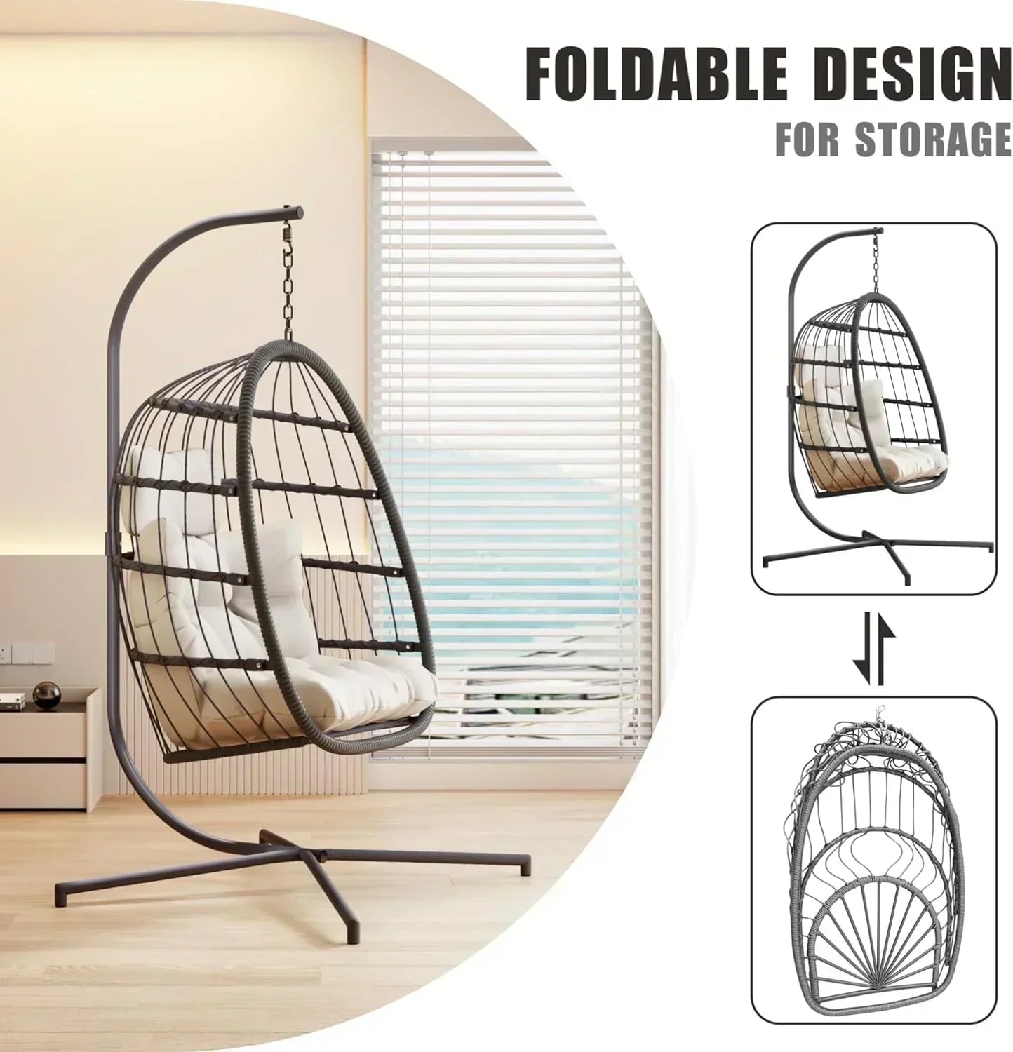HWB Hanging Egg Chair with Stand Patio Wicker Hammock Egg Swing Chair Cushion for Bedroom wourant