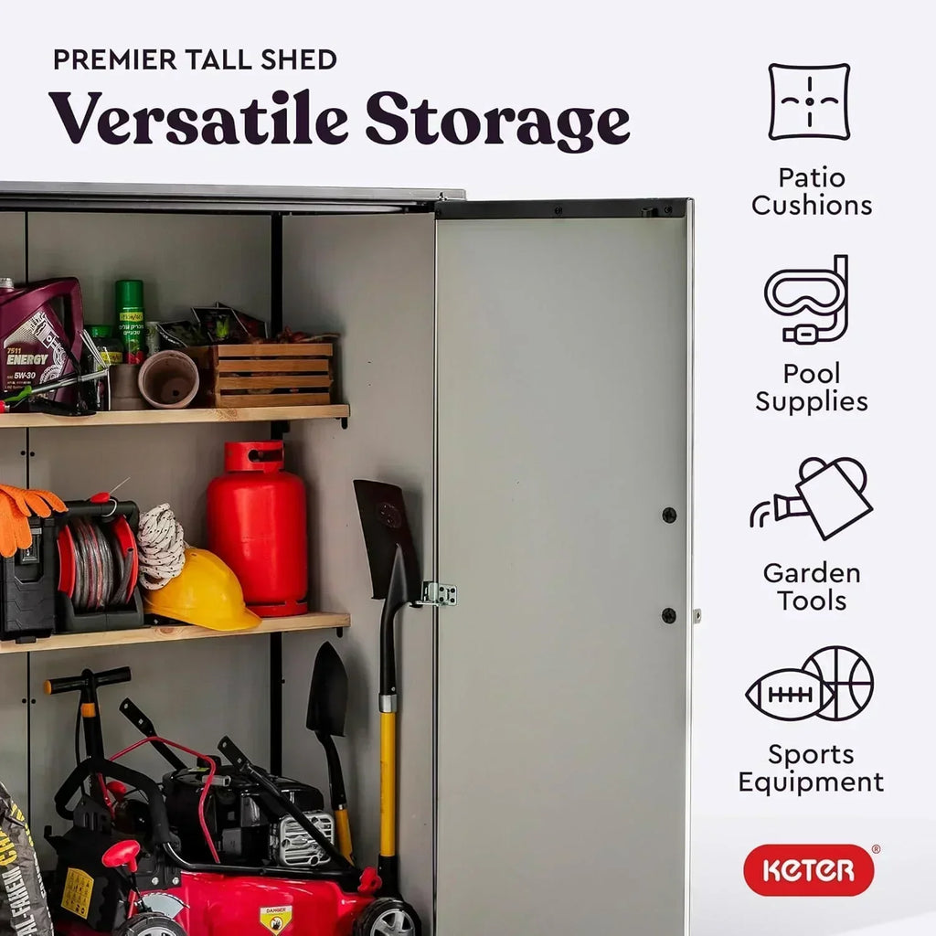 Keter Premier Tall 4.6 x 5.6 ft. Resin Outdoor Storage Shed with Shelving Brackets Patio Furniture wourant
