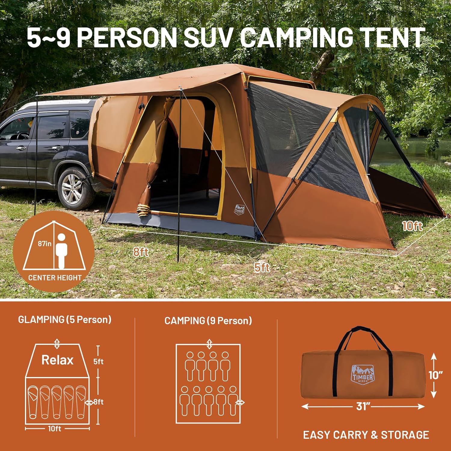 TIMBER RIDGE 5-9 Person SUV Tent with Screen Porch and Awning for Family Camping Weather Resistant wourant