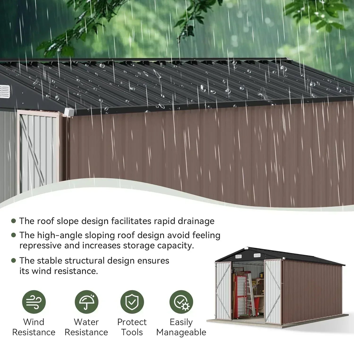 Aoxun 12x10 FT Shed Metal Outdoor Waterproof Storage Shed Steel Utility Garden Tool Shed wourant