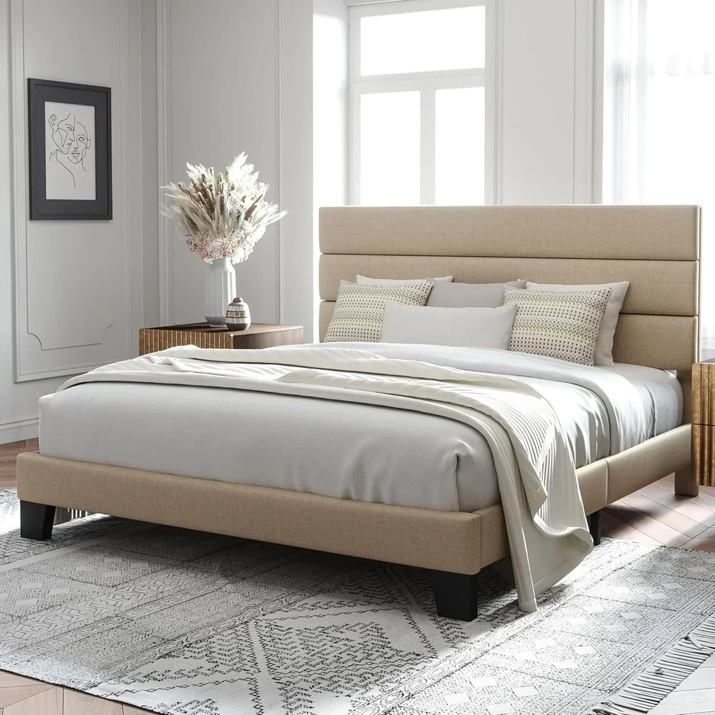 Allewie Queen Size Platform Bed Frame with Fabric Upholstered Headboard Wooden Slats Support wourant