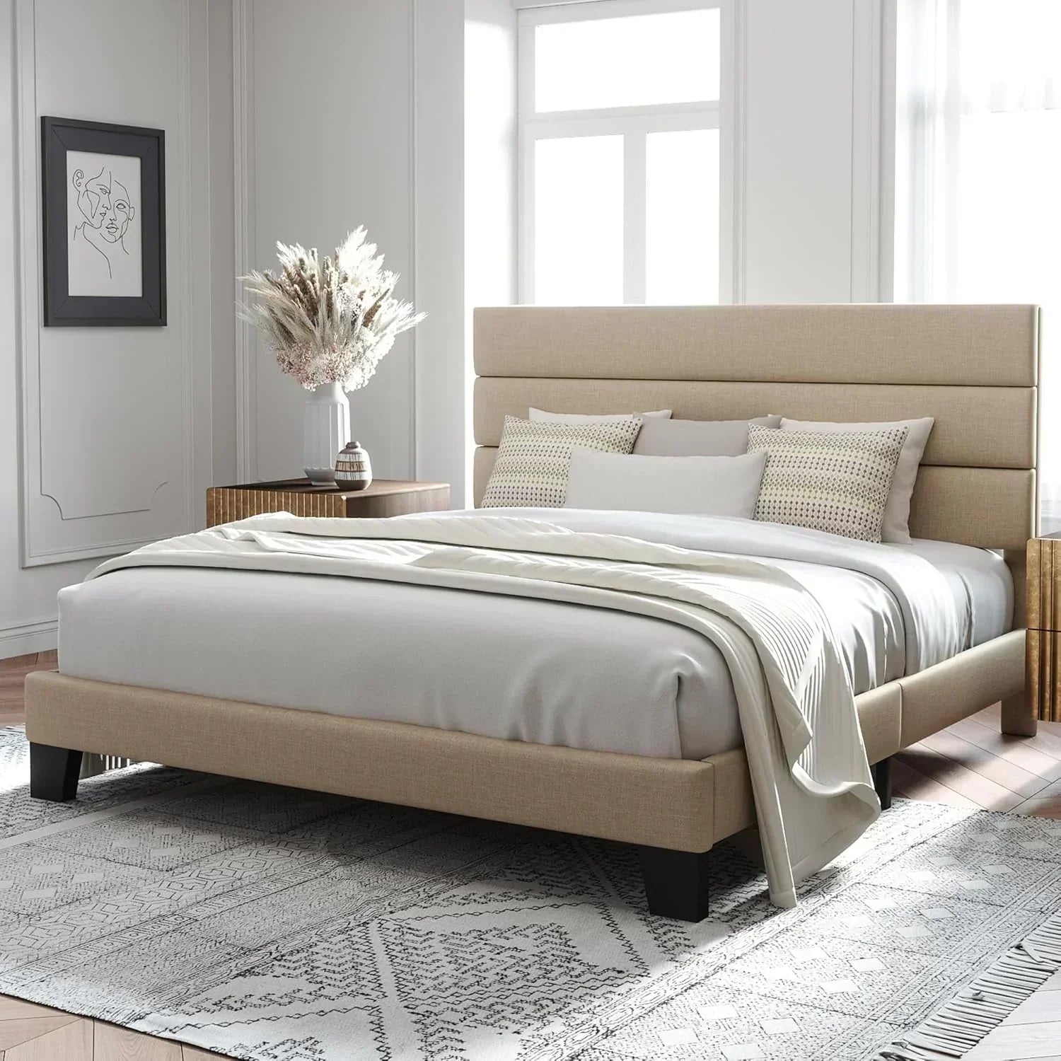 Allewie Queen Size Platform Bed Frame with Fabric Upholstered Headboard Wooden Slats Support wourant