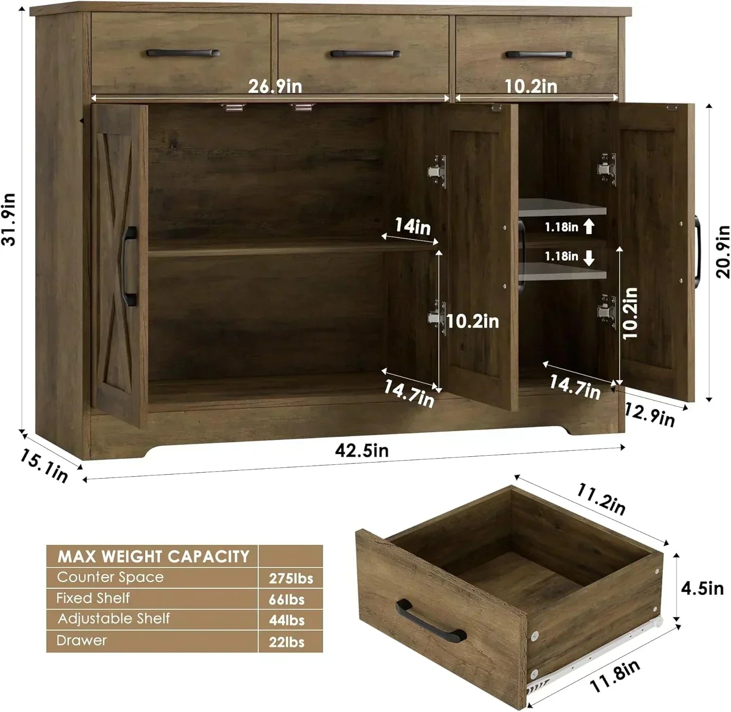 Modern farmhouse sideboard barn door buffet storage cabinet with drawers and shelves wourant