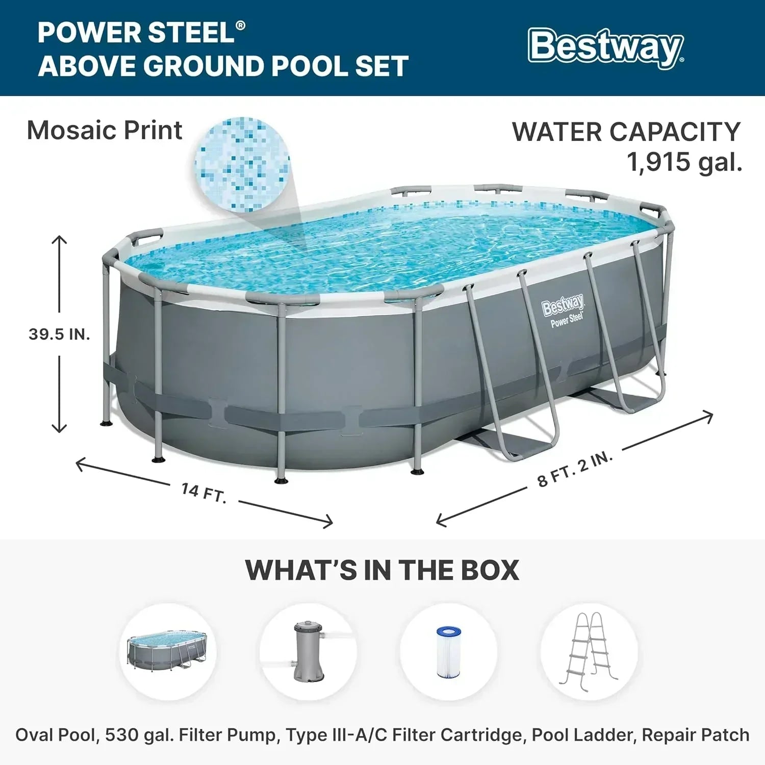 Power Steel 14' x 8'2" x 39.5" Oval Above Ground Pool Set Includes 530gal Filter Pump Ladder wourant
