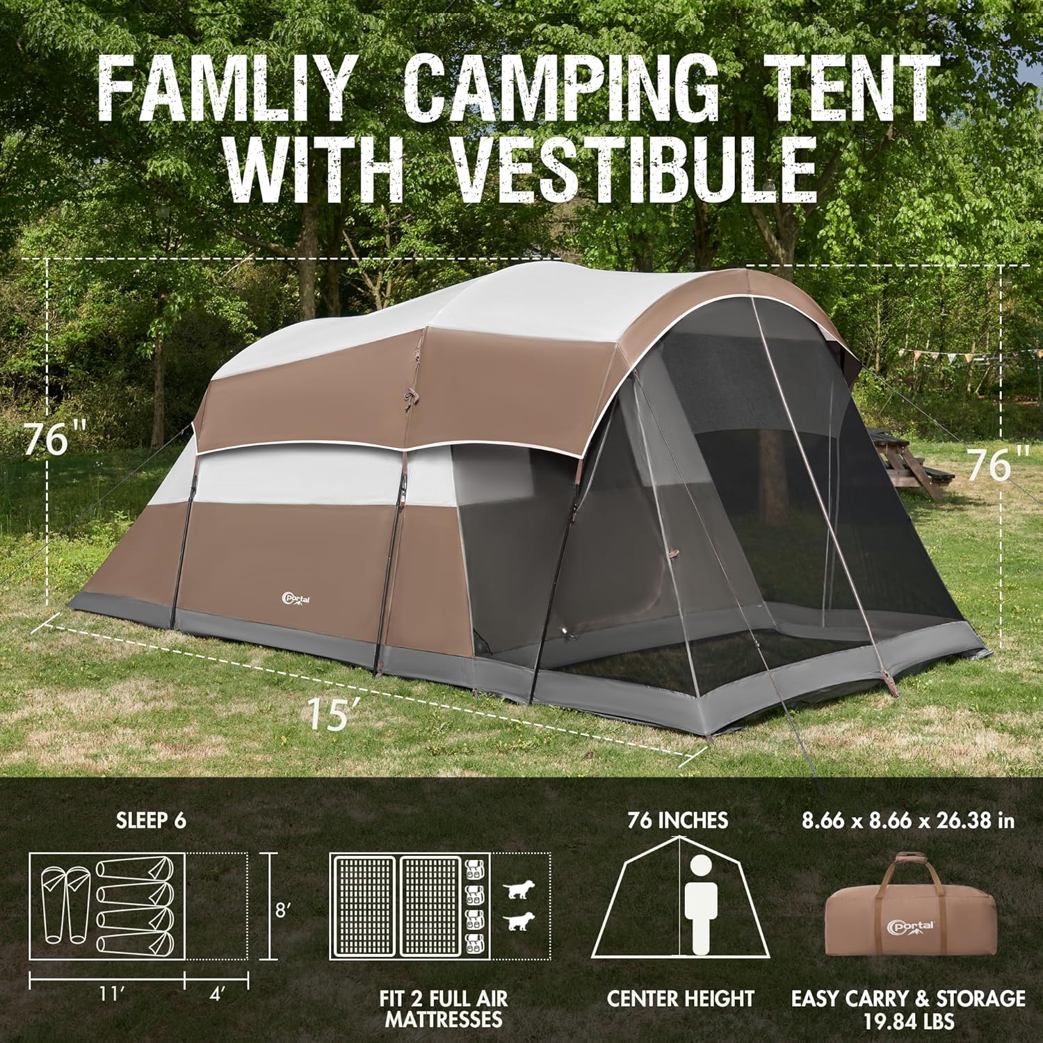 PORTAL 6/8/10 Person Family Camping Tent with Screen Room Water Resistant Big Tunnel Tent wourant