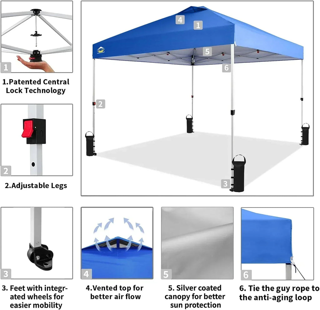 10x10 Pop-Up Awning One-Click Installation Beach Tent Outdoor Sunshade Silver Coated Top wourant