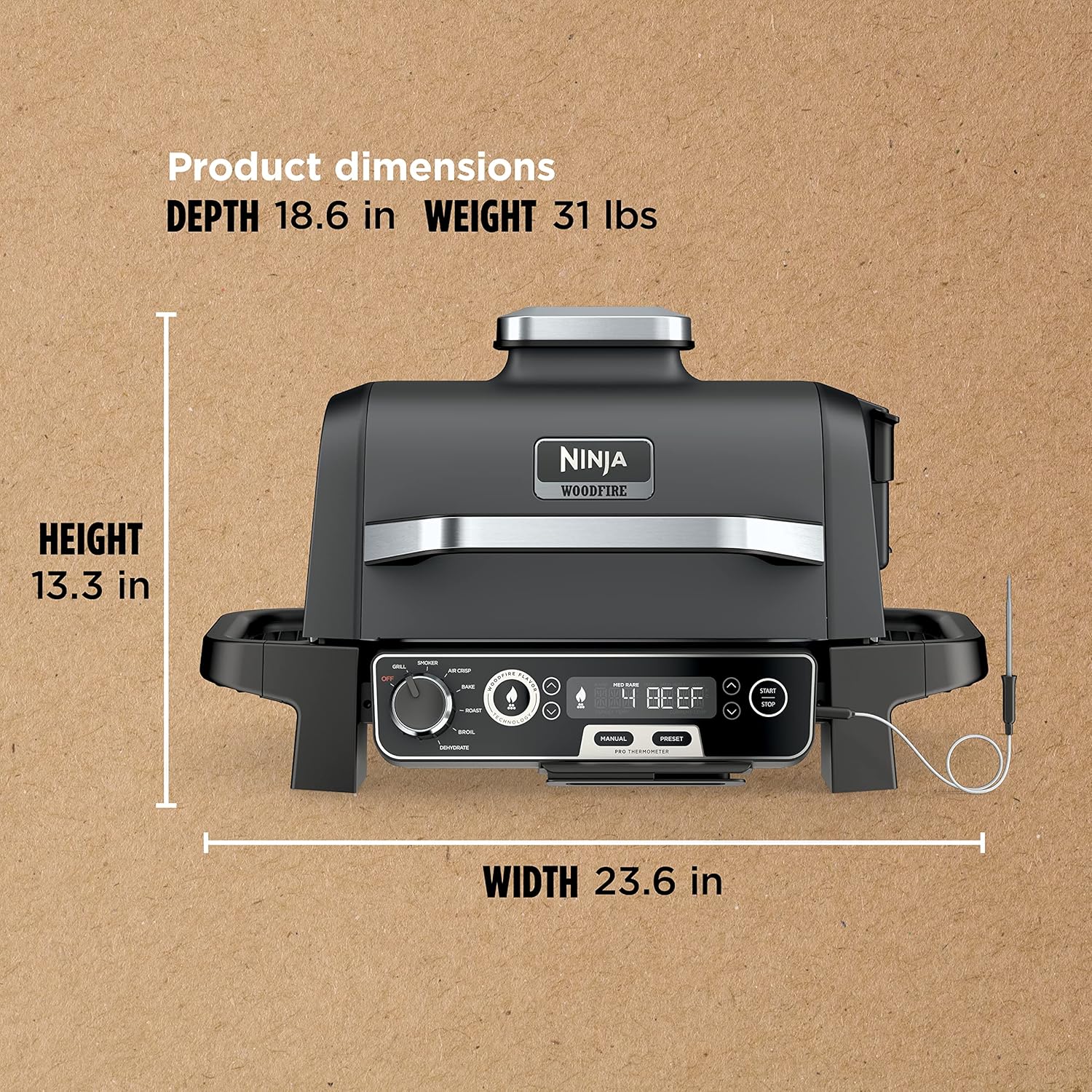 OG751 Woodfire Pro Outdoor Grill Built-In Thermometer 7-in-1 Master Grill BBQ Smoker Air Fryer wourant