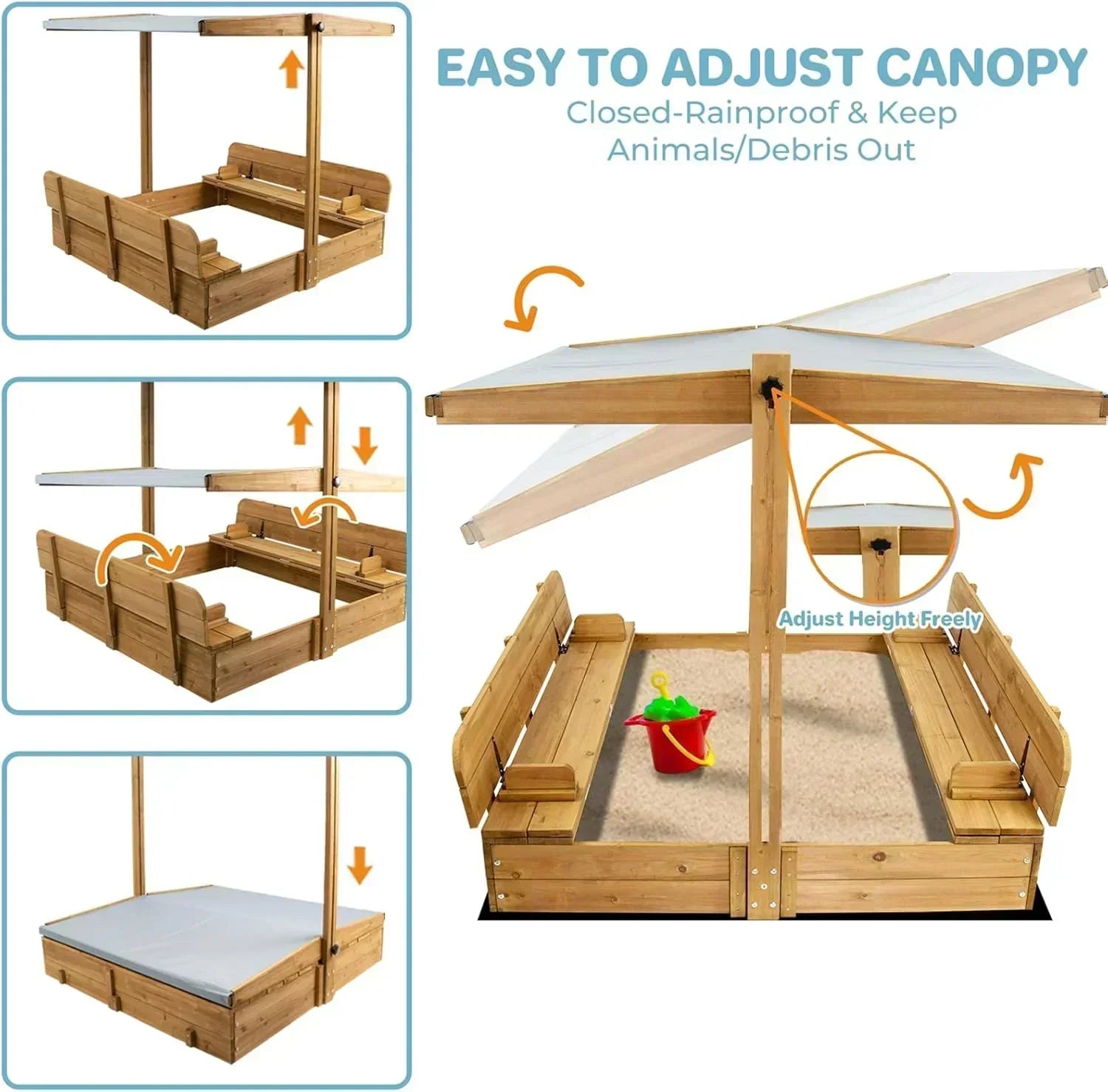 Kids Sandbox with Lid Wooden Sand Box Cover Outdoor UV-Protection Natural Wood Foldable Bench Seat wourant