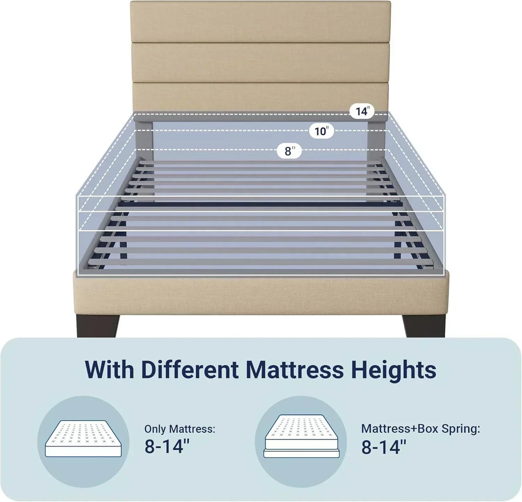 Allewie King size platform bed frame with velvet upholstered headboard and planks wourant