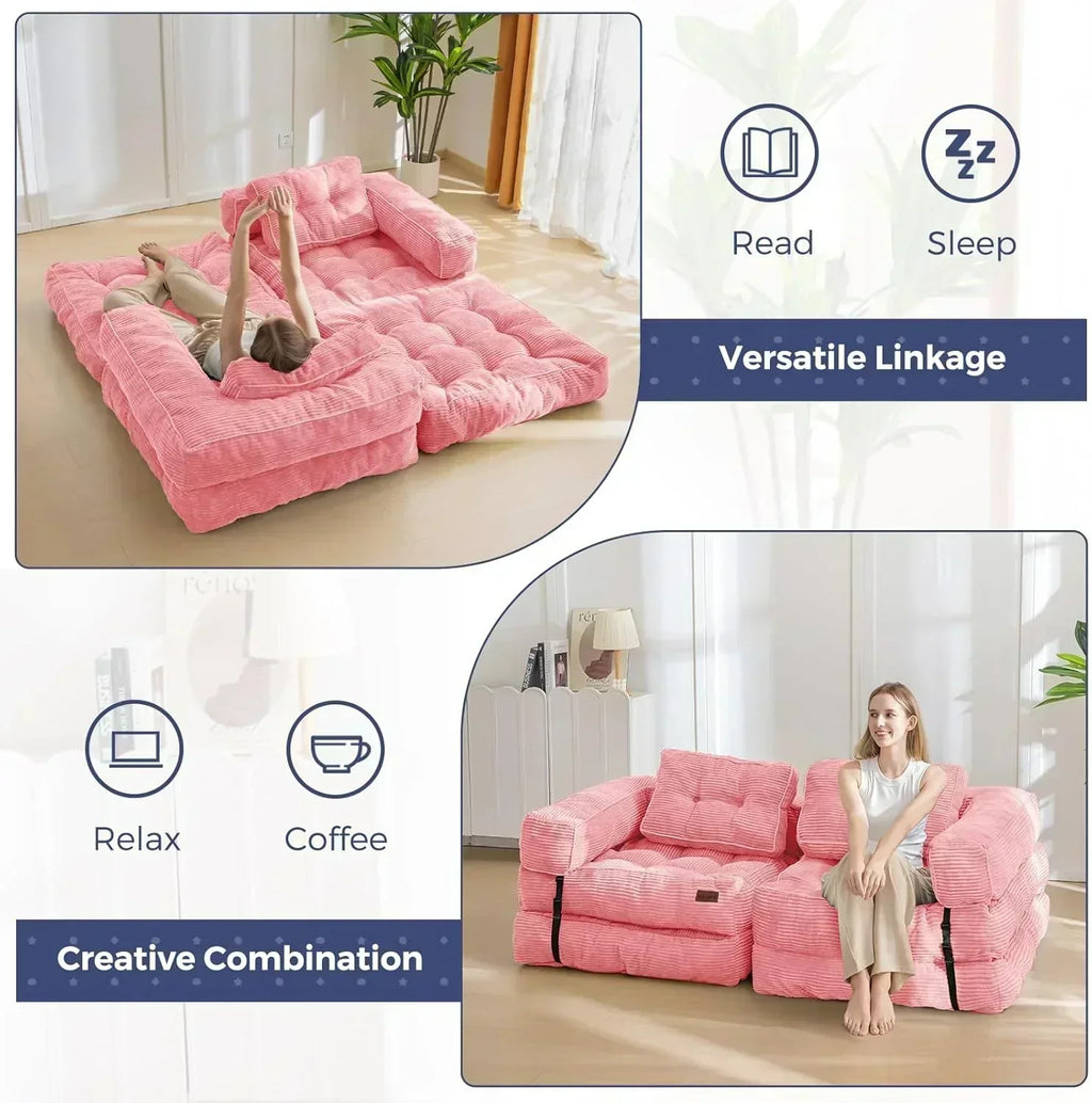 Folding Sofa Bed L-Shaped Convertible Sofa Bed with Armrests and Pillows wourant