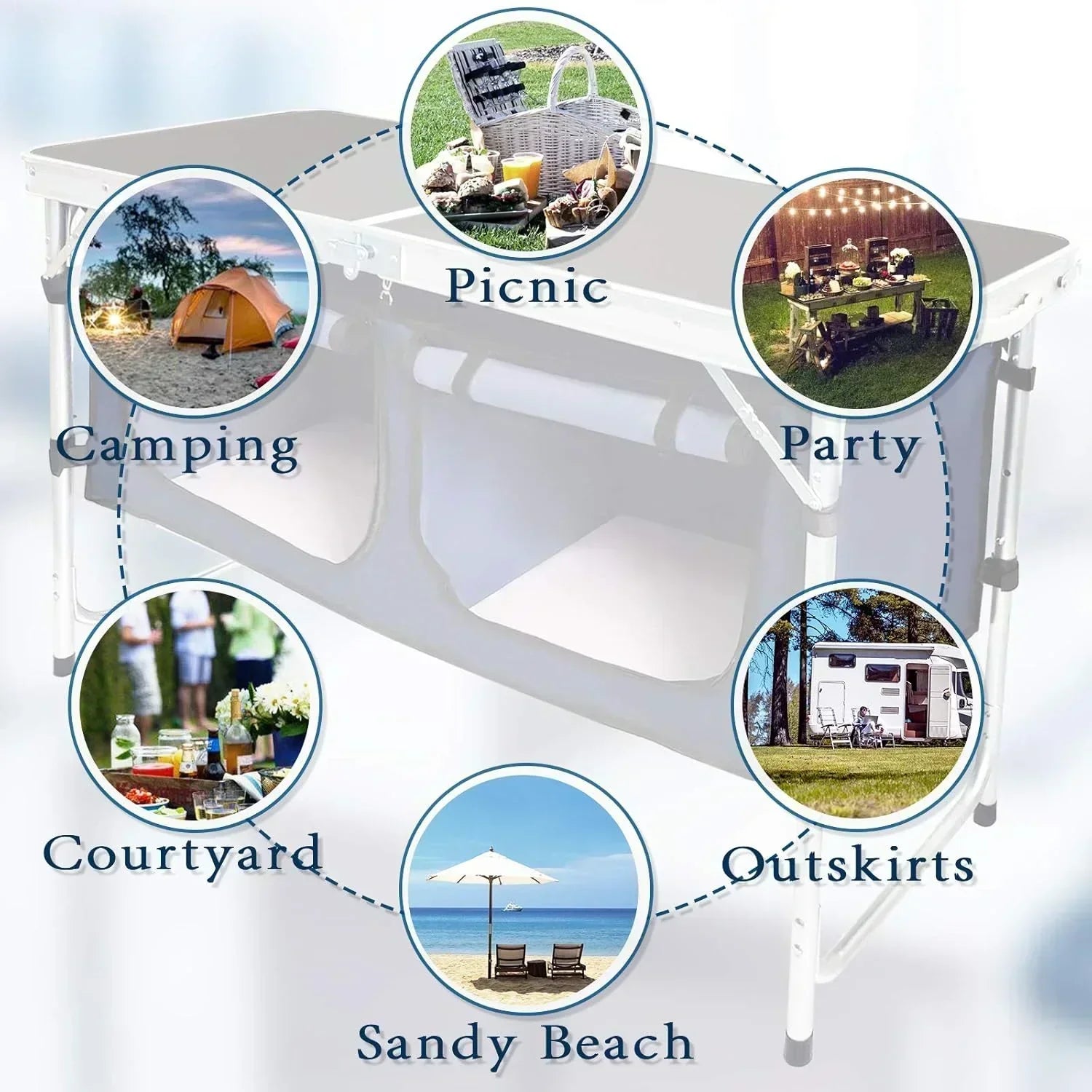 Outdoor Folding Table Aluminum Lightweight Height Adjustable with Storage Organizer wourant