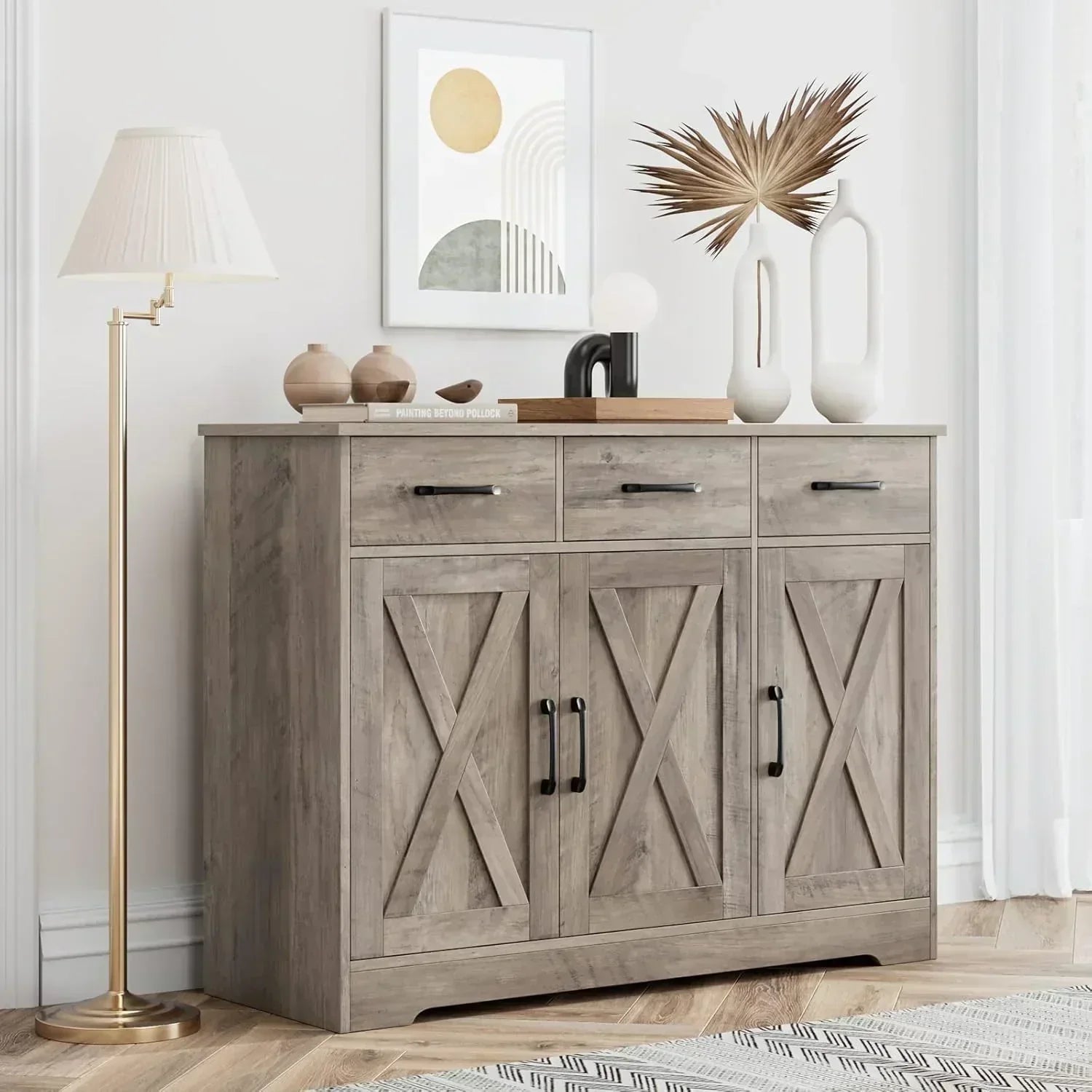 Modern farmhouse sideboard barn door buffet storage cabinet with drawers and shelves wourant
