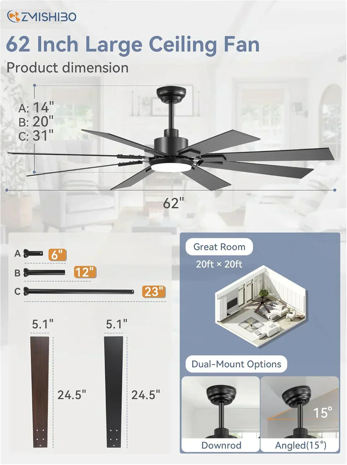 Zmishibo 72-inch large ceiling fan with lighting and remote indoor/outdoor wourant