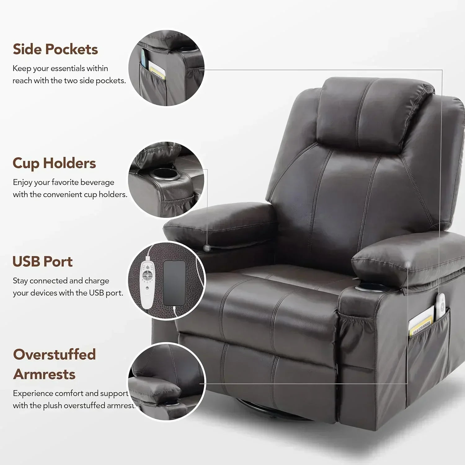 Large Swivel Rocking Recliner with Massage Function 360 Degree Swivel Rocking Single Sofa wourant