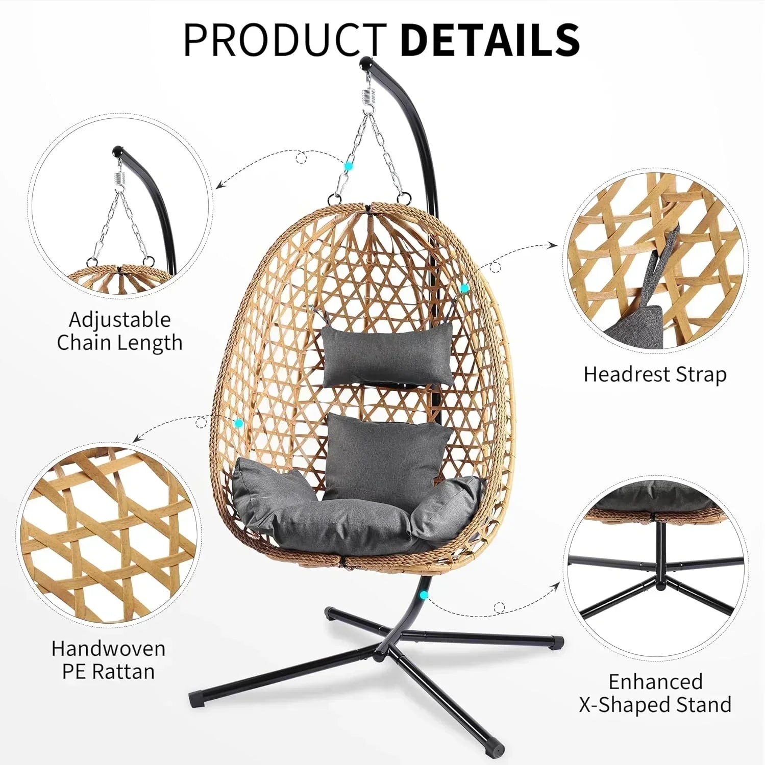 Egg Chair with Stand Patio Wicker Hanging Chair Hammock Swing Chair 350LBS Capacity for Bedroom wourant