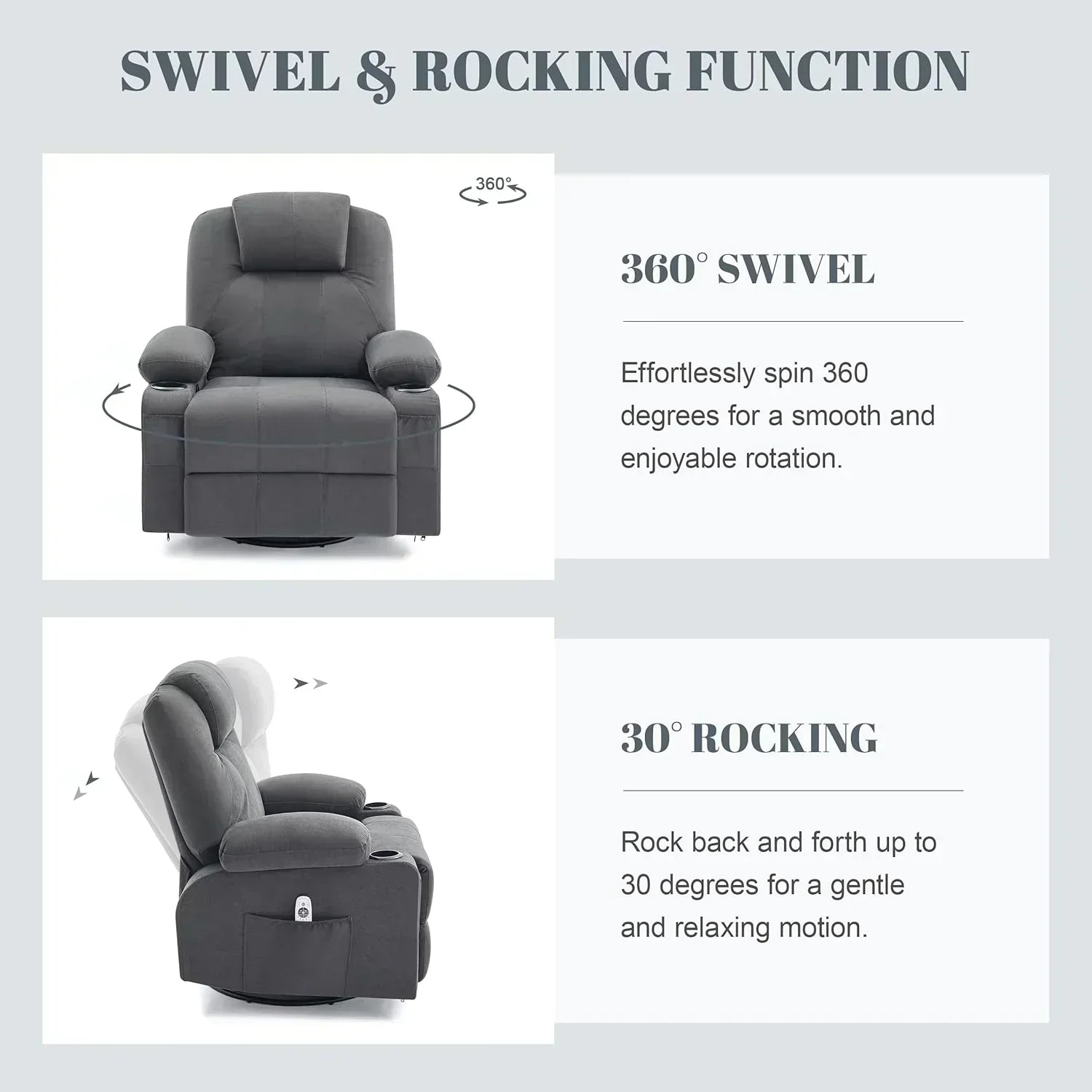 Large Swivel Rocking Recliner with Massage Function 360 Degree Swivel Rocking Single Sofa wourant