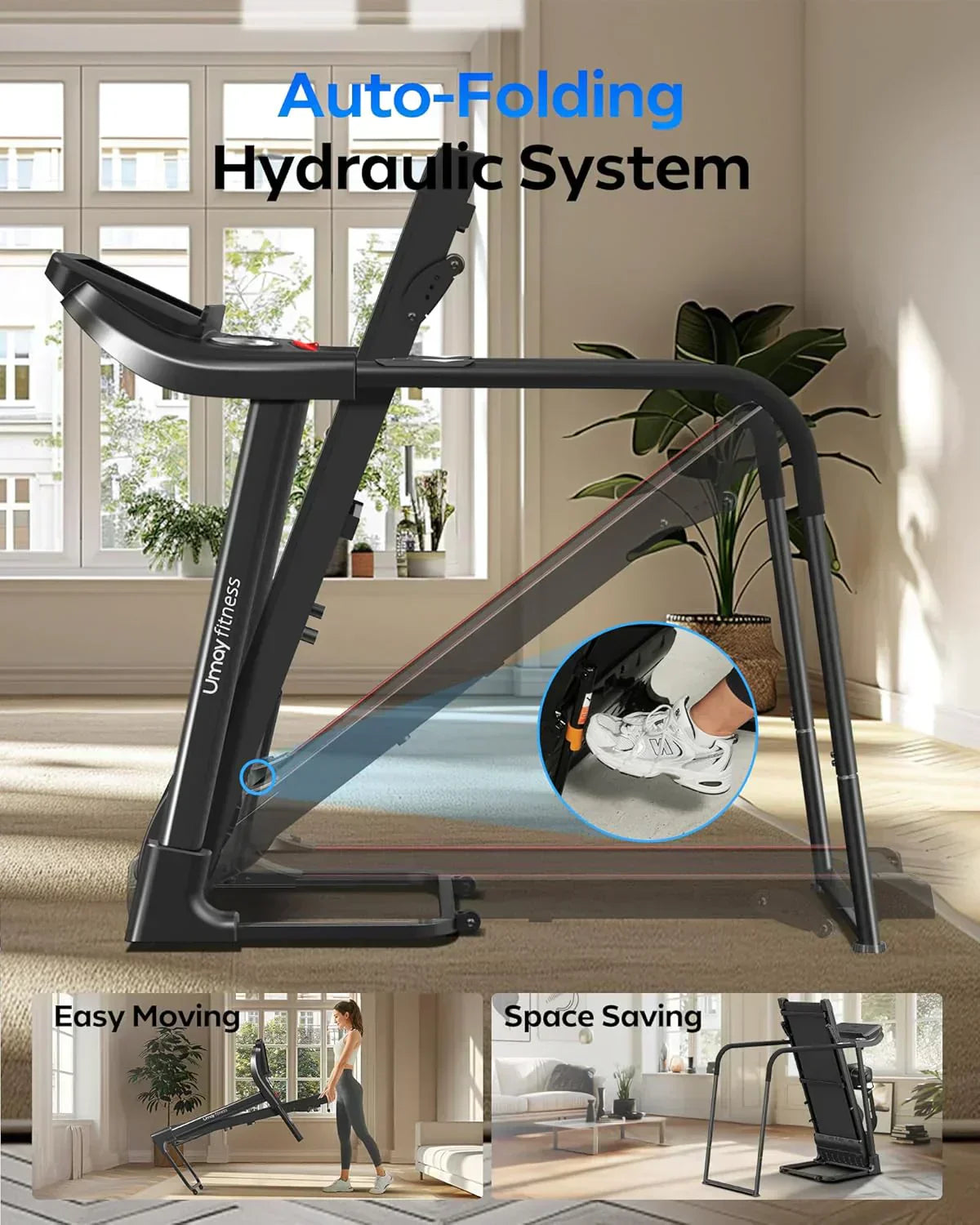 UMAY household folding tilt treadmill with heart rate sensor Low noise wourant