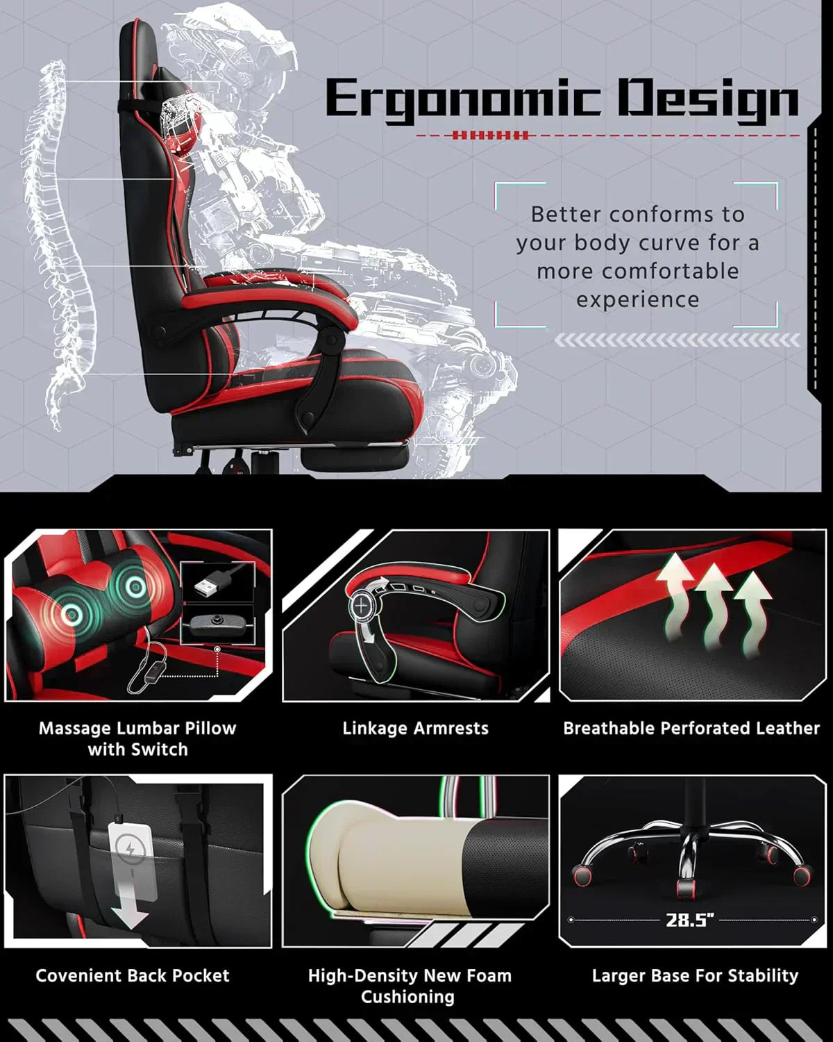 Gaming Chair with Massage Lumbar Support and Footrest Height Office Gaming Chair wourant