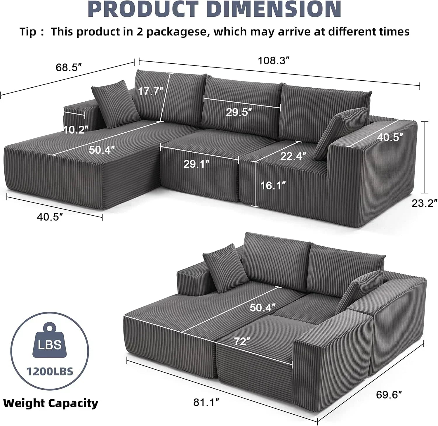 108 inch sectional sofa cloud sectional sofa with deep seat modern sectional L shaped sofa wourant
