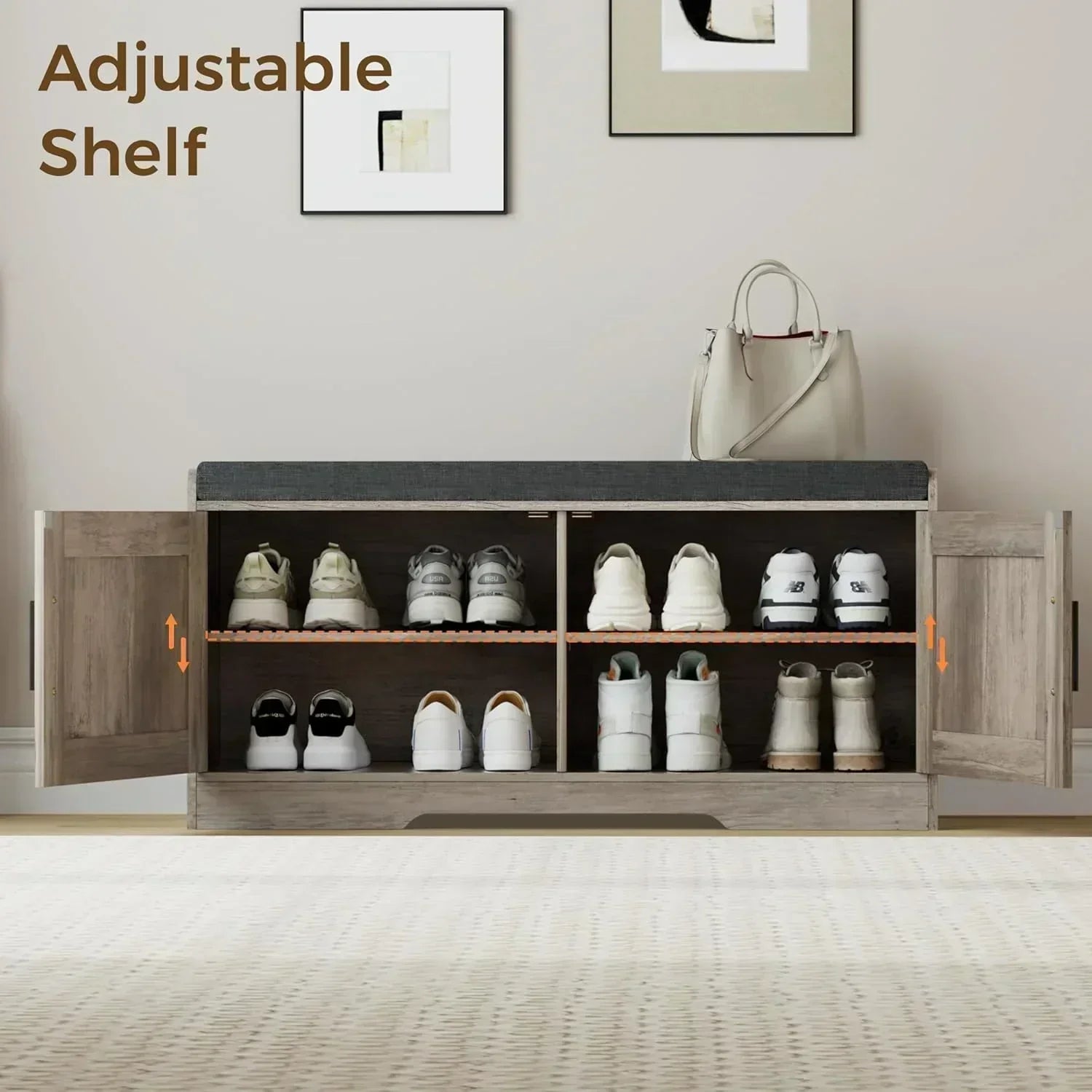 2-Tier Storage Bench Shoe Bench with Thickened Padded Seat Cushion Entryway Bench wourant