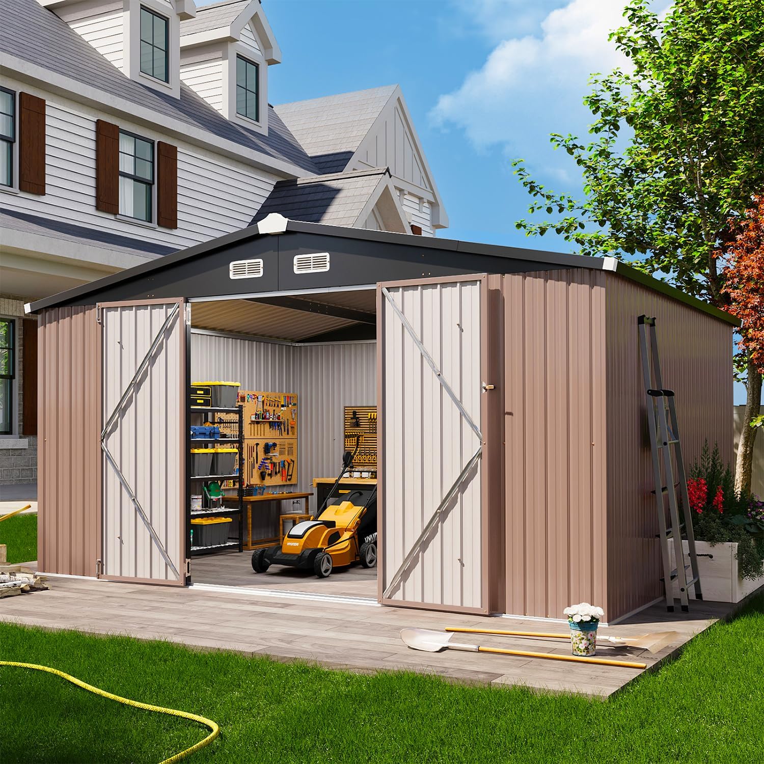 Aoxun 12x10 FT Shed Metal Outdoor Waterproof Storage Shed Steel Utility Garden Tool Shed wourant