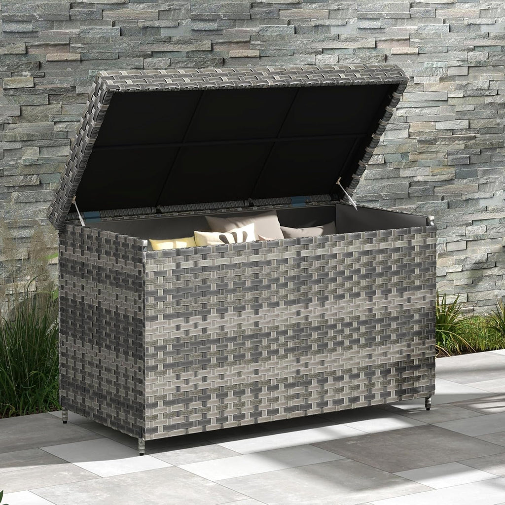 DWVO 70Gal Outdoor Storage Bench with Cushion Composite Wood Backrest Wicker Deck Bench wourant