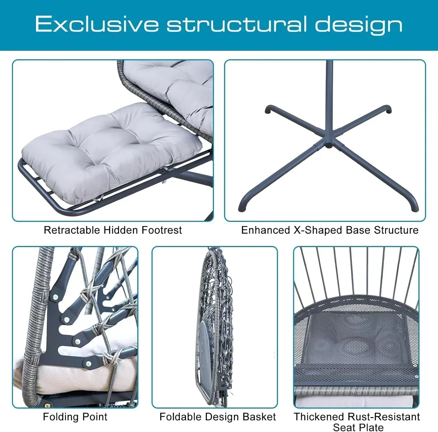Hanging Egg Chair with Stand and Leg Rest Rattan Wicker Swing Hammock Chair UV-Resistant Cushion wourant