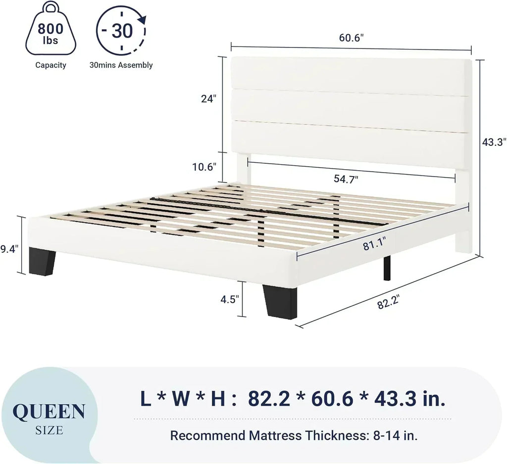 Allewie Queen Size Platform Bed Frame with Fabric Upholstered Headboard Wooden Slats Support wourant
