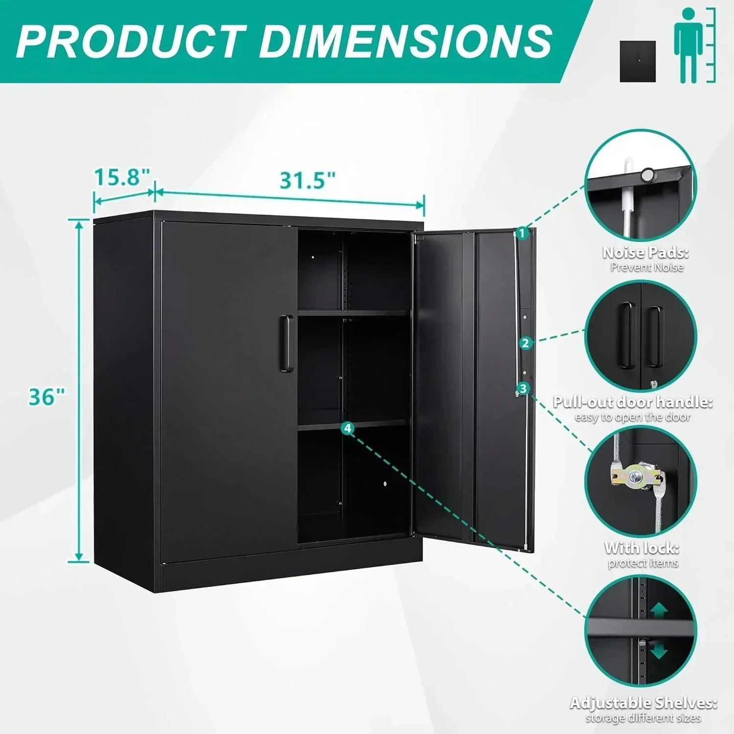 Metal Storage Cabinet with 2 Doors and 6 Shelves Black Metal Cabinet Garage Storage Cabinet wourant