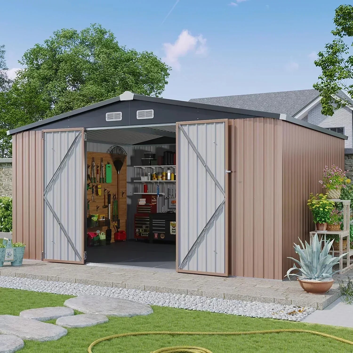Aoxun 12x10 FT Shed Metal Outdoor Waterproof Storage Shed Steel Utility Garden Tool Shed wourant