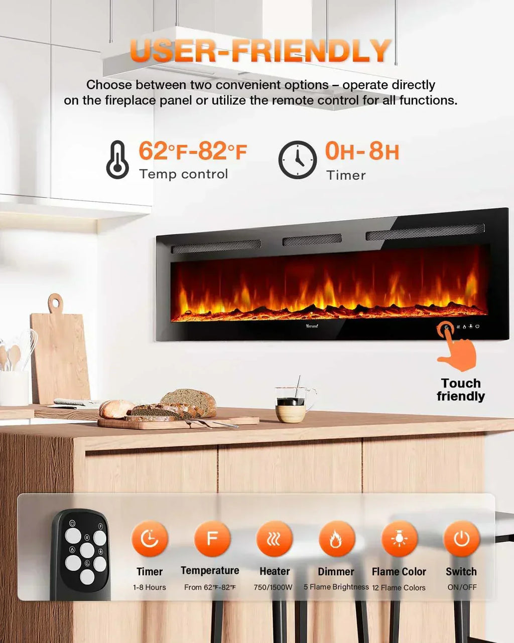 Electric Fireplace 60Inch Wall Mounted Electric Fireplace Heater with Timer Inserts TV Stand wourant