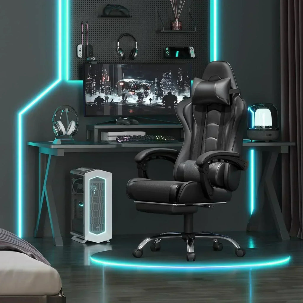 Gaming Chair with Massage Lumbar Support and Footrest Height Office Gaming Chair wourant