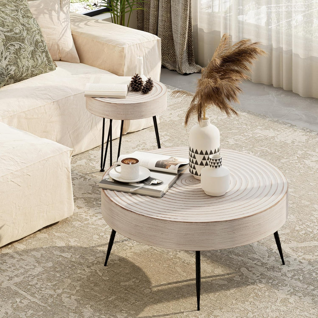 Two-Piece Modern Farmhouse Living Room Coffee Table Set Round Nesting Tables wourant