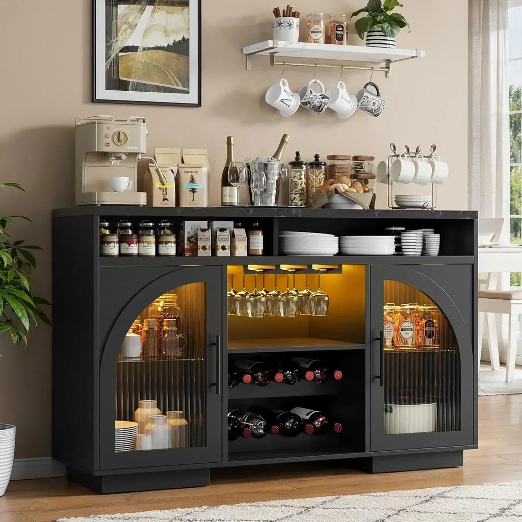 Sideboard 54-inch kitchen cabinet with LED lights and arched glass doors tall bar cabinet wourant