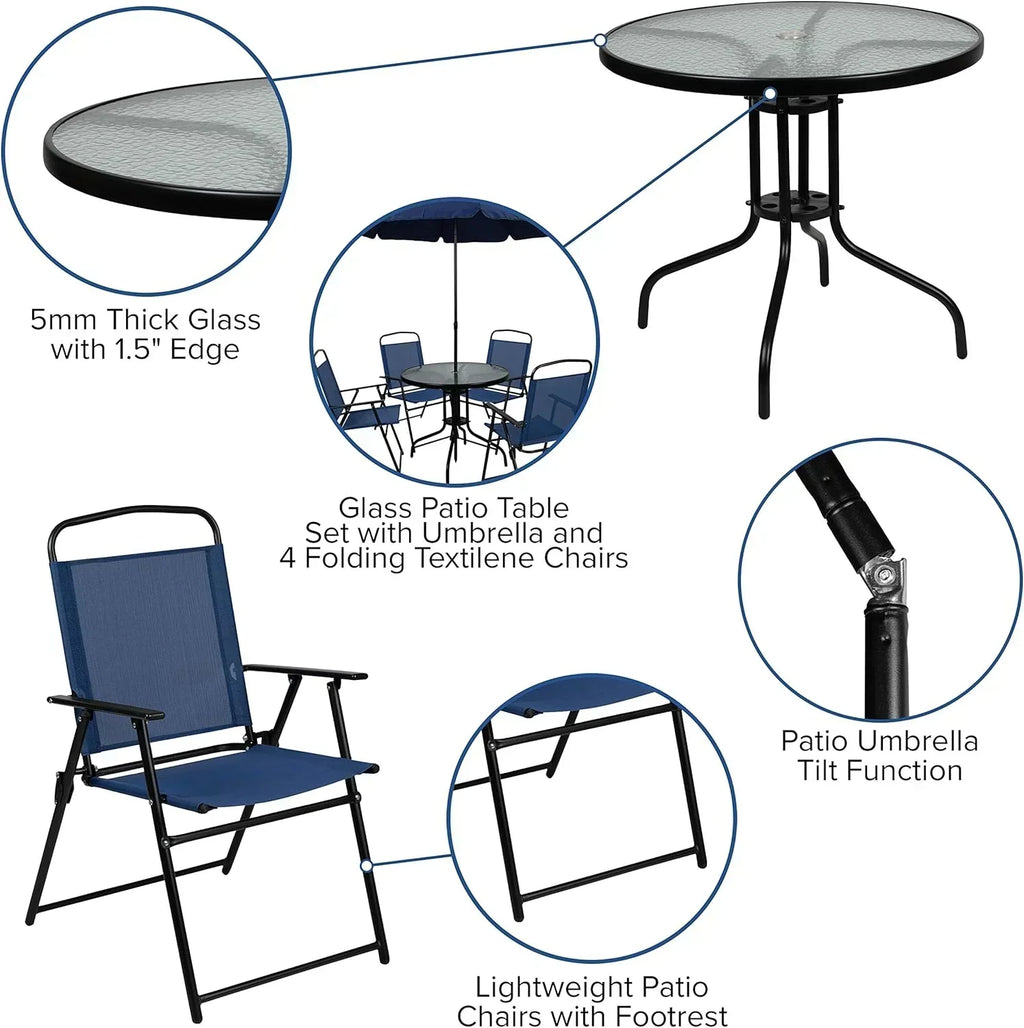 EMMA + OLIVER 6 Piece Brown Patio Garden Set with Umbrella Table Set of 4 Folding Chairs wourant