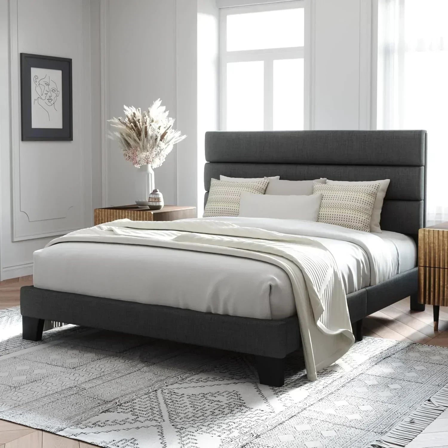 Allewie Queen Size Platform Bed Frame with Fabric Upholstered Headboard Wooden Slats Support wourant