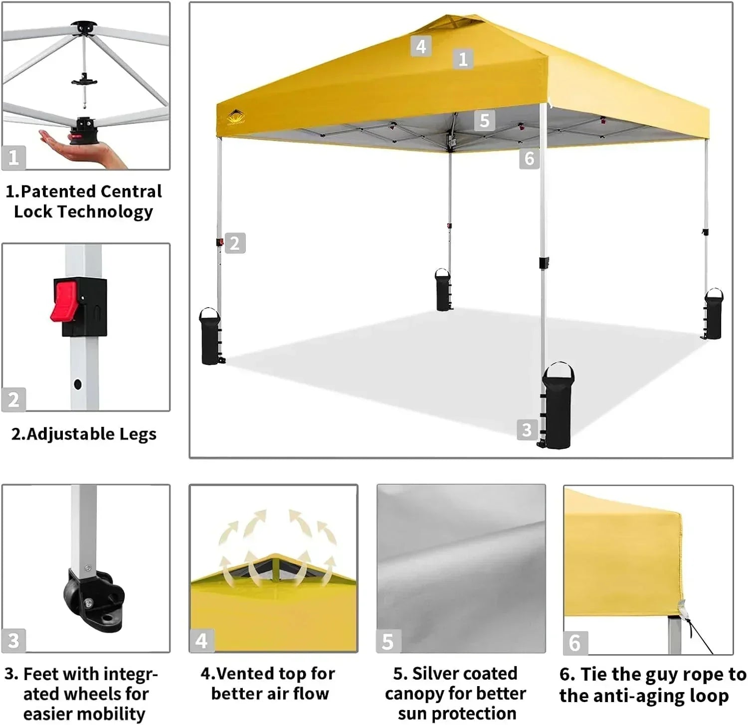 10x10 Pop-Up Awning One-Click Installation Beach Tent Outdoor Sunshade Silver Coated Top wourant