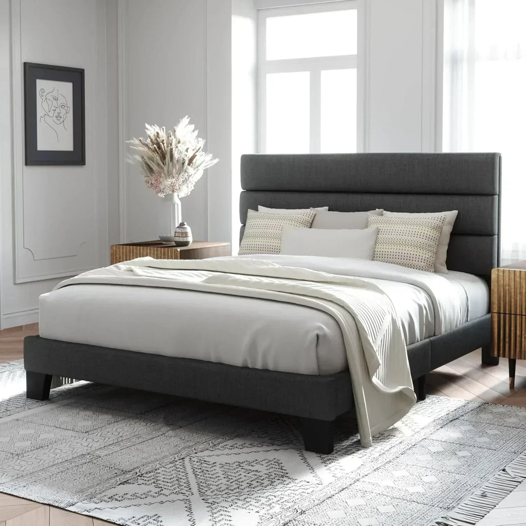 Allewie King size platform bed frame with velvet upholstered headboard and planks wourant