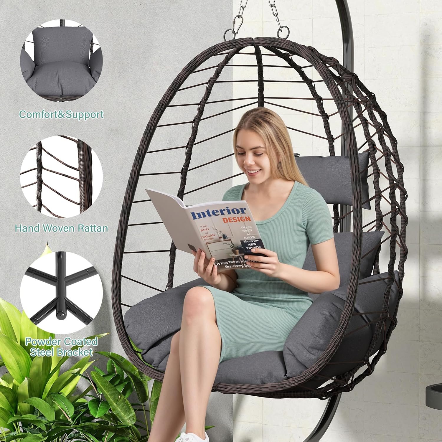 Hanging Egg Chair with Stand Swinging Egg Chair Outdoor Hanging Basket Chair with Cushion wourant